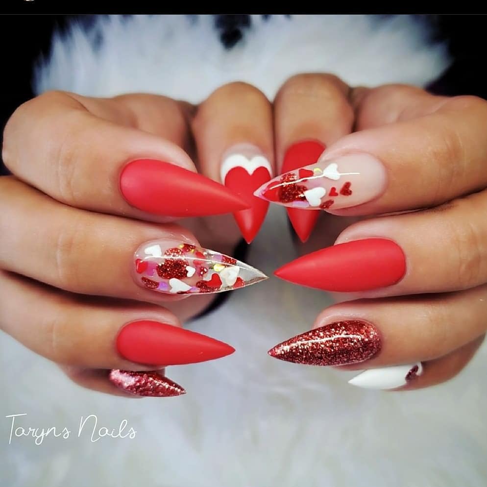 glam red nails with glitter