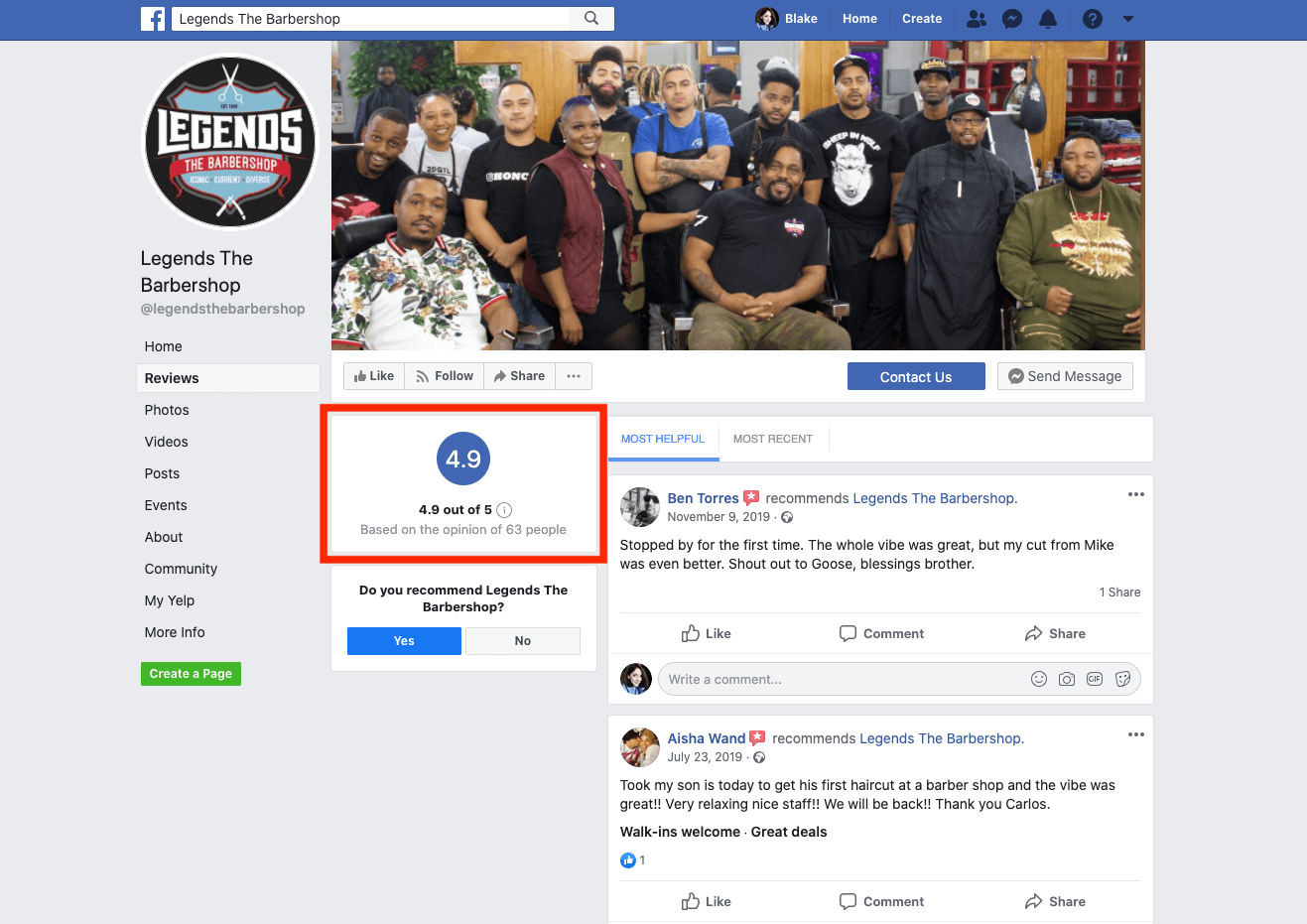 Reviews on barbershop facebook profile
