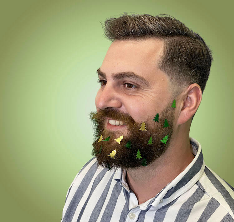 christmas beard decorated with christmas trees ornaments
