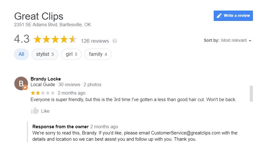 hair salon negative review and response