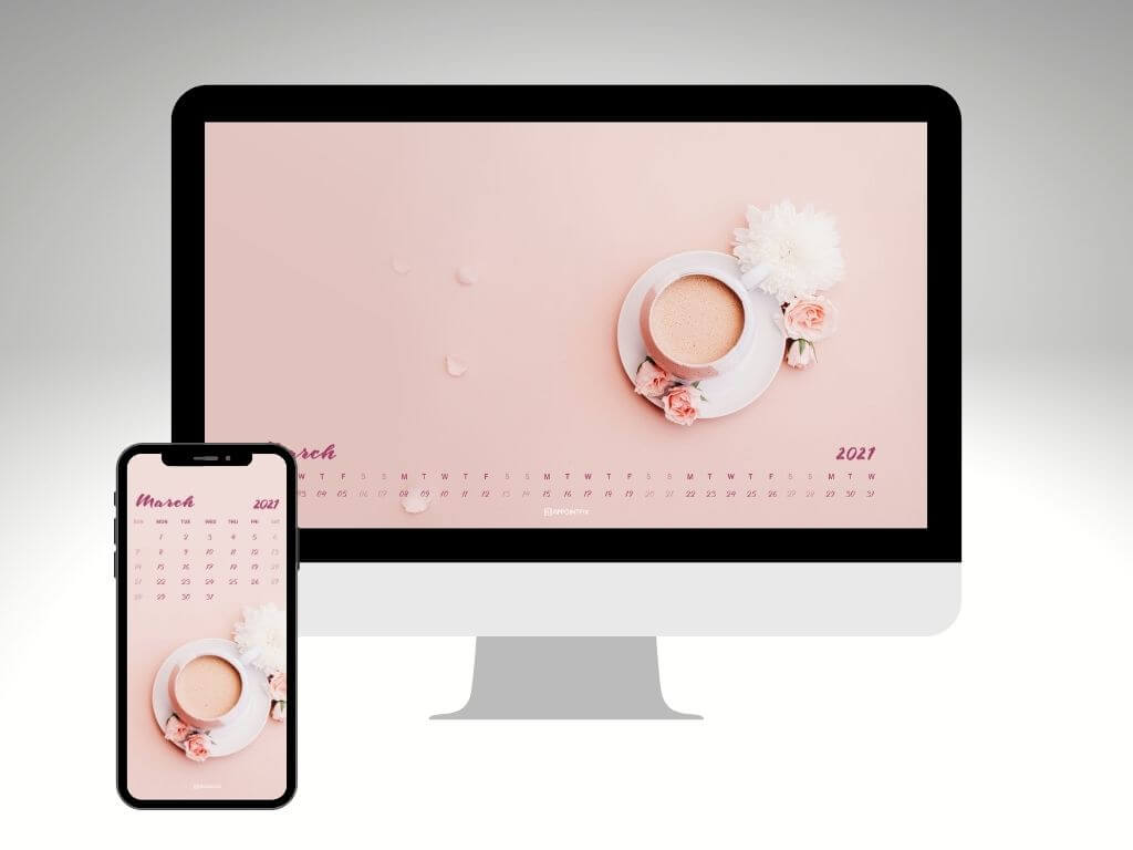 Pink girly coffee March 2021 wallpaper calendar for desktop and mobile