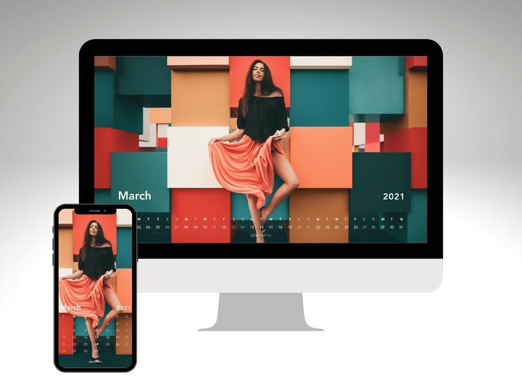 Colorful woman fashionista March 2021 wallpaper calendar for desktop and mobile