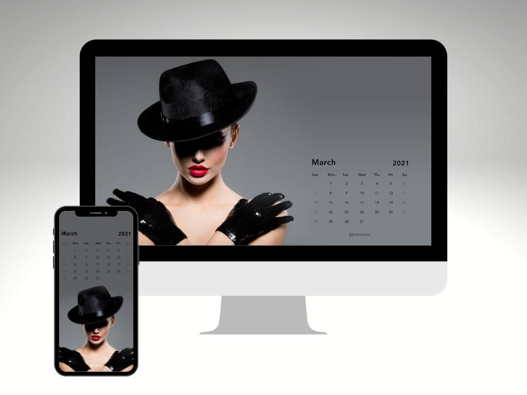 Glamour girl March 2021 wallpaper calendar for desktop and mobile