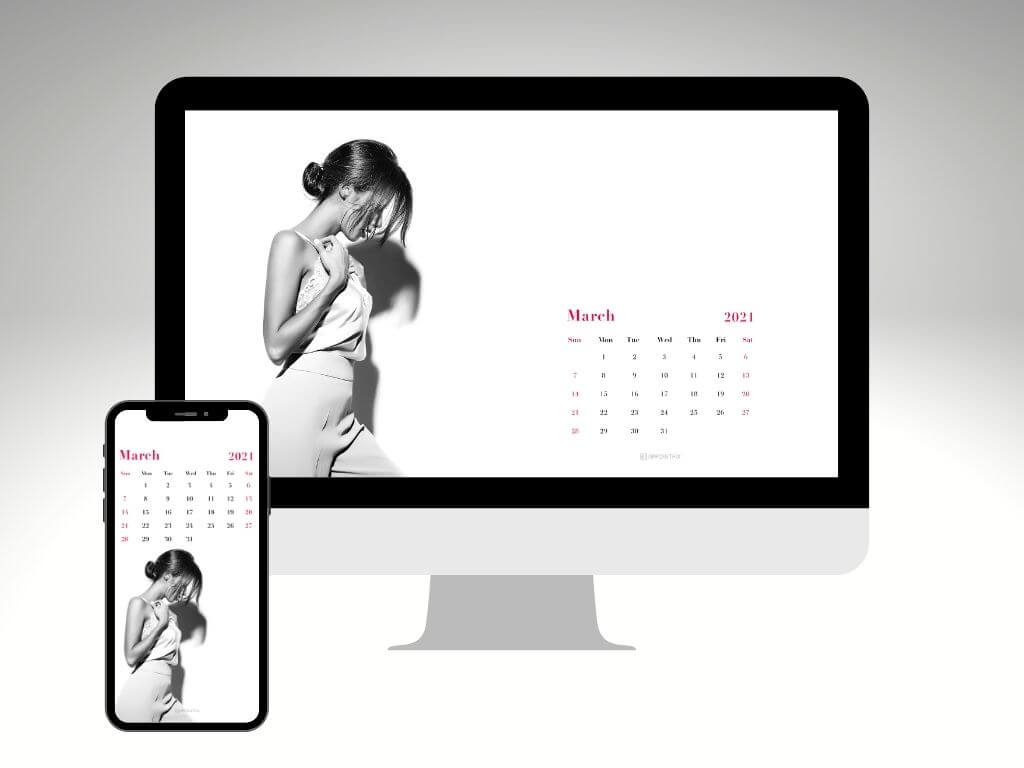 Elegant woman March 2021 wallpaper calendar for desktop and mobile