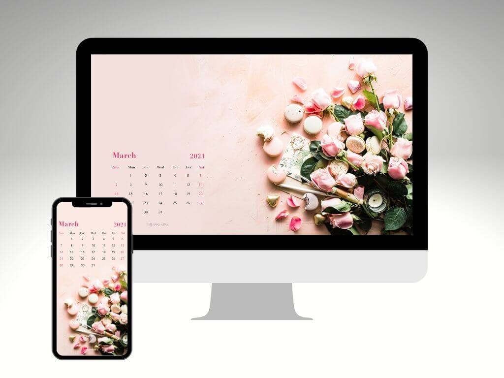 Pink roses and macarons March 2021 wallpaper calendar for desktop and mobile