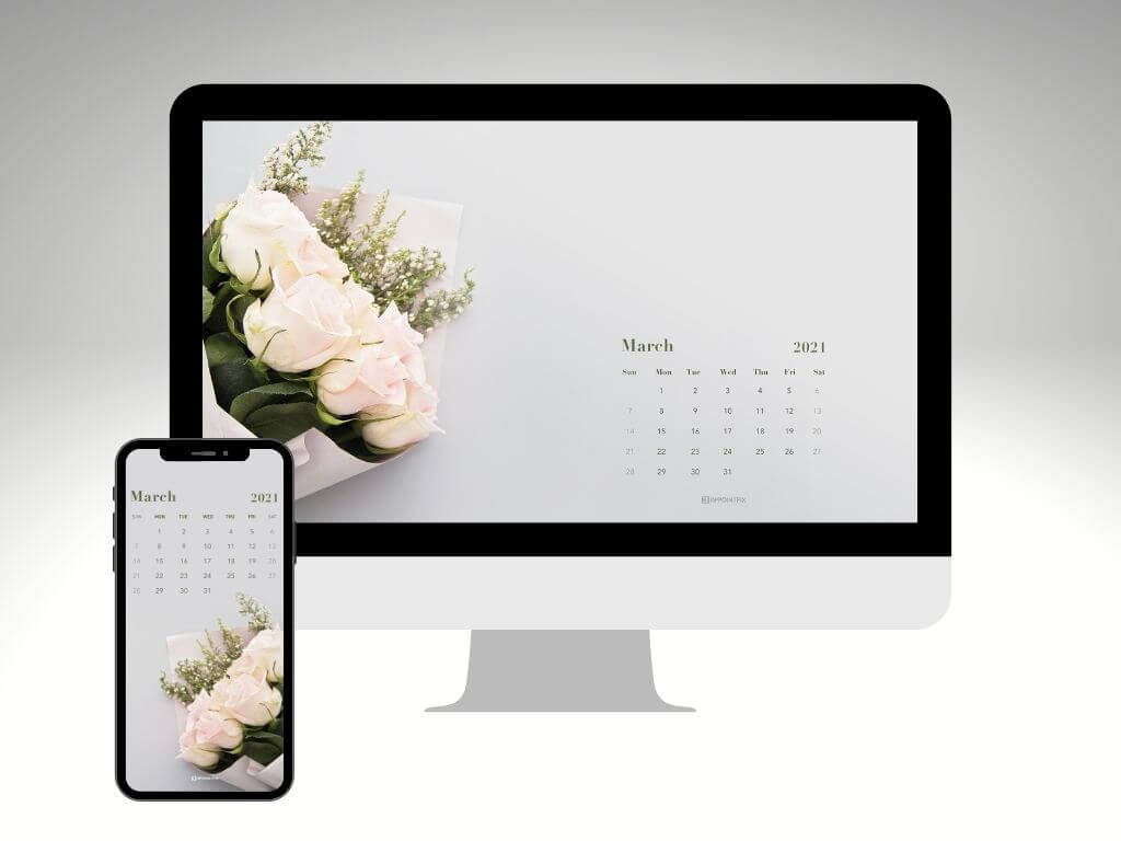 White roses bouquet March 2021 wallpaper calendar for desktop and mobile
