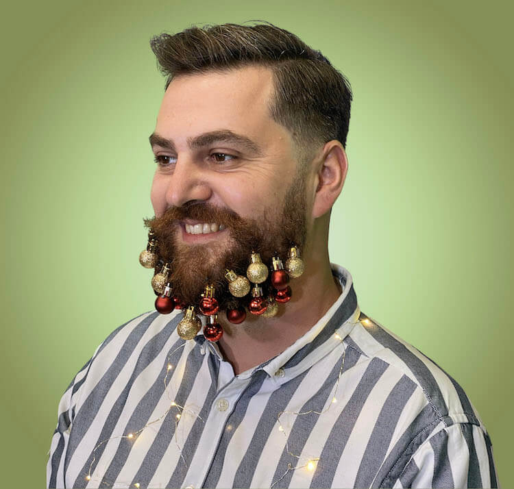 christmas beard decorated with red and gold christmas balls