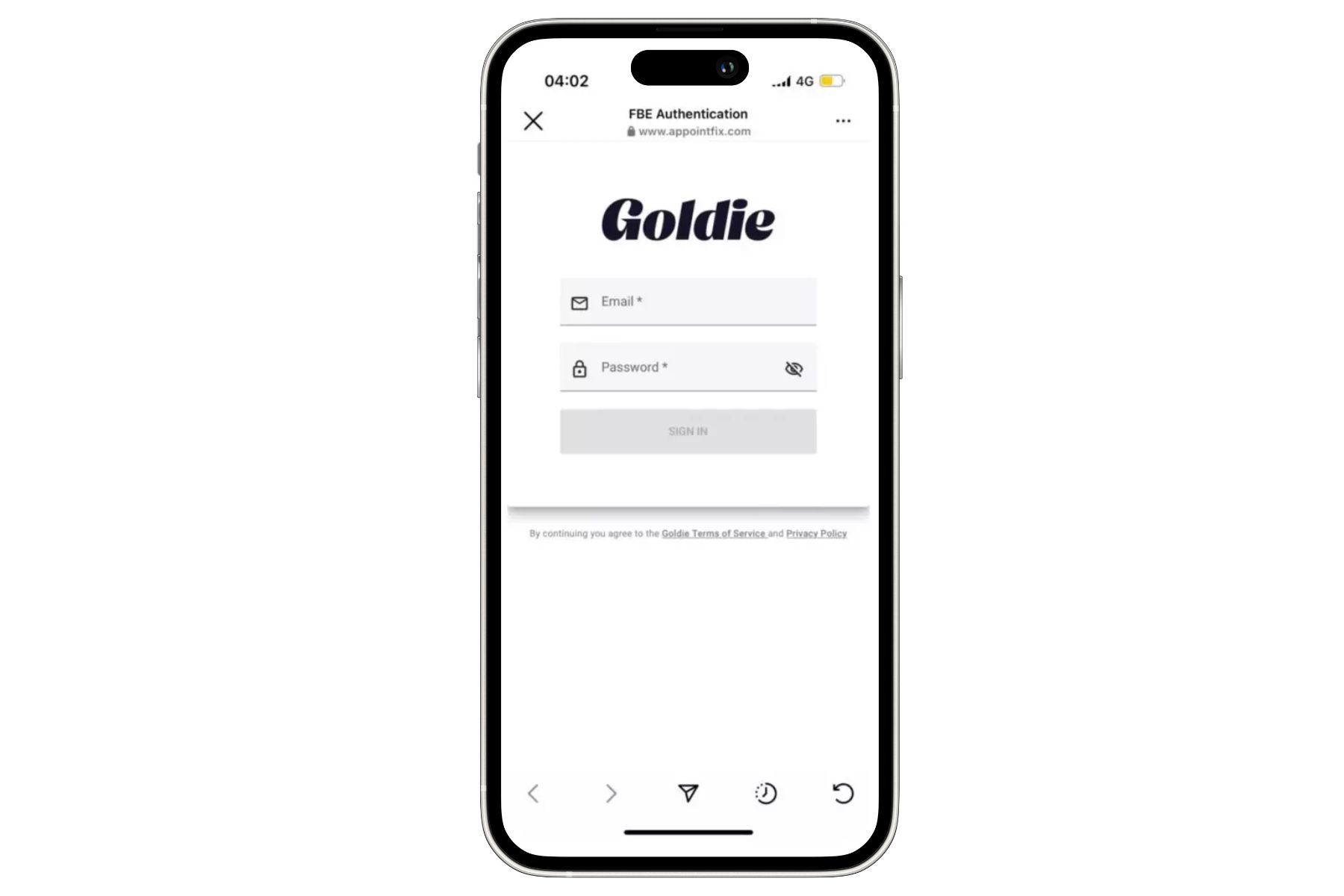 Instagram Book Now button: Goldie login