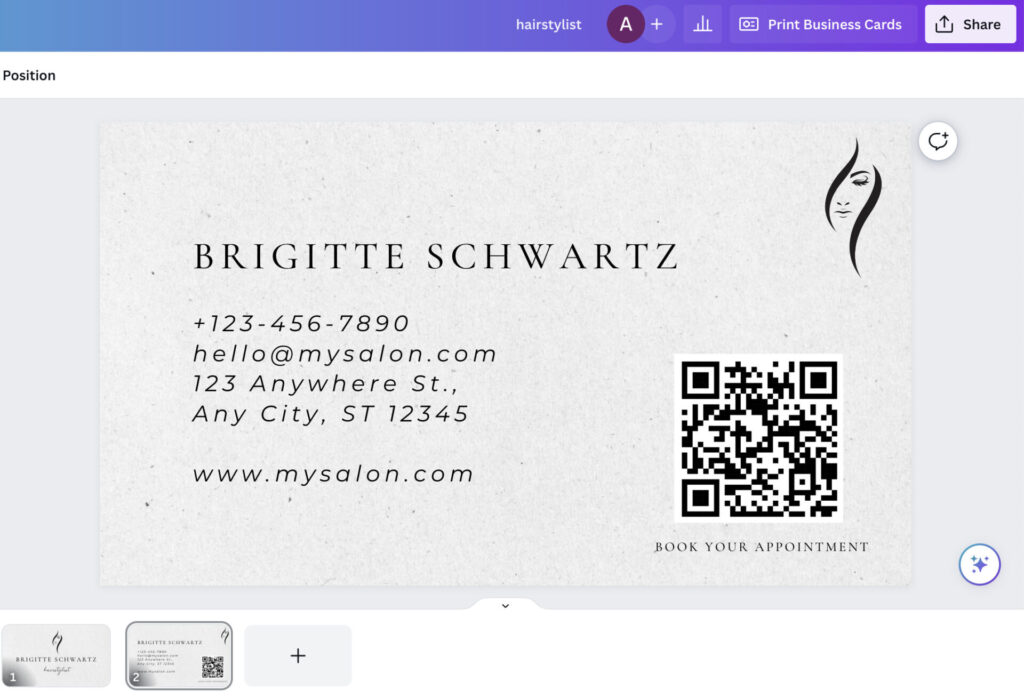 Business card for hairstylist