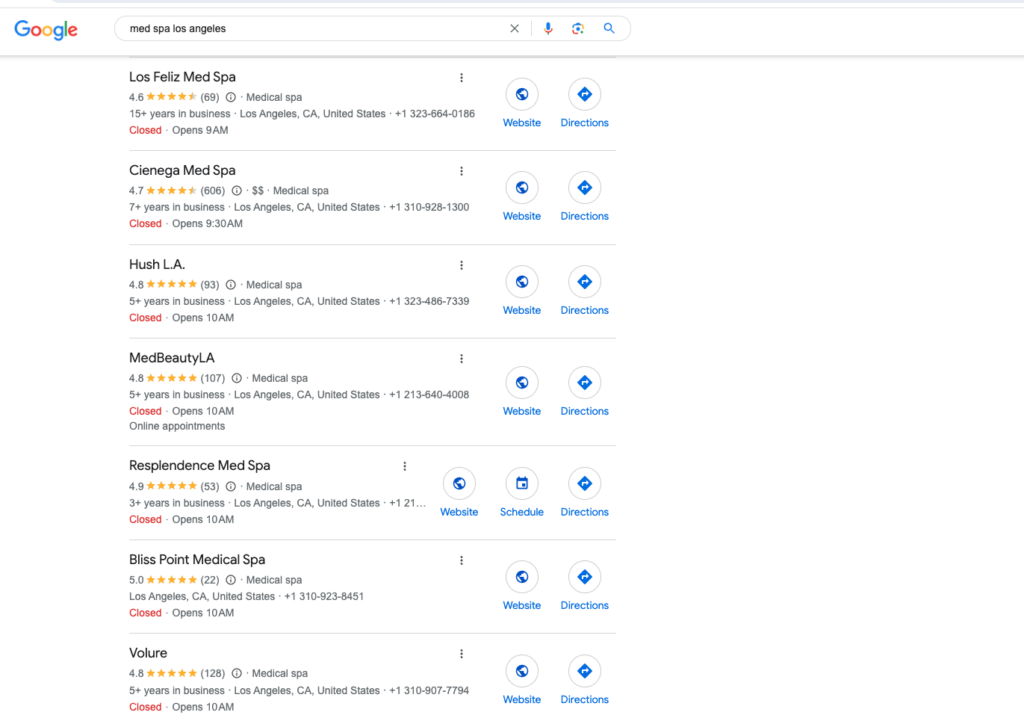 List med spa business on Google