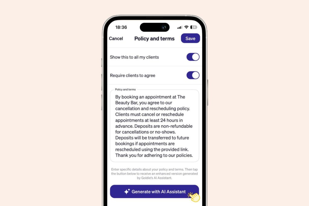 Goldie booking policy AI generator