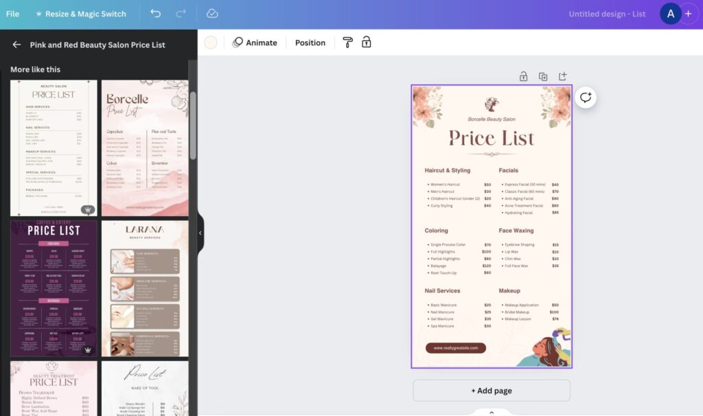 Canva hair salon price list template